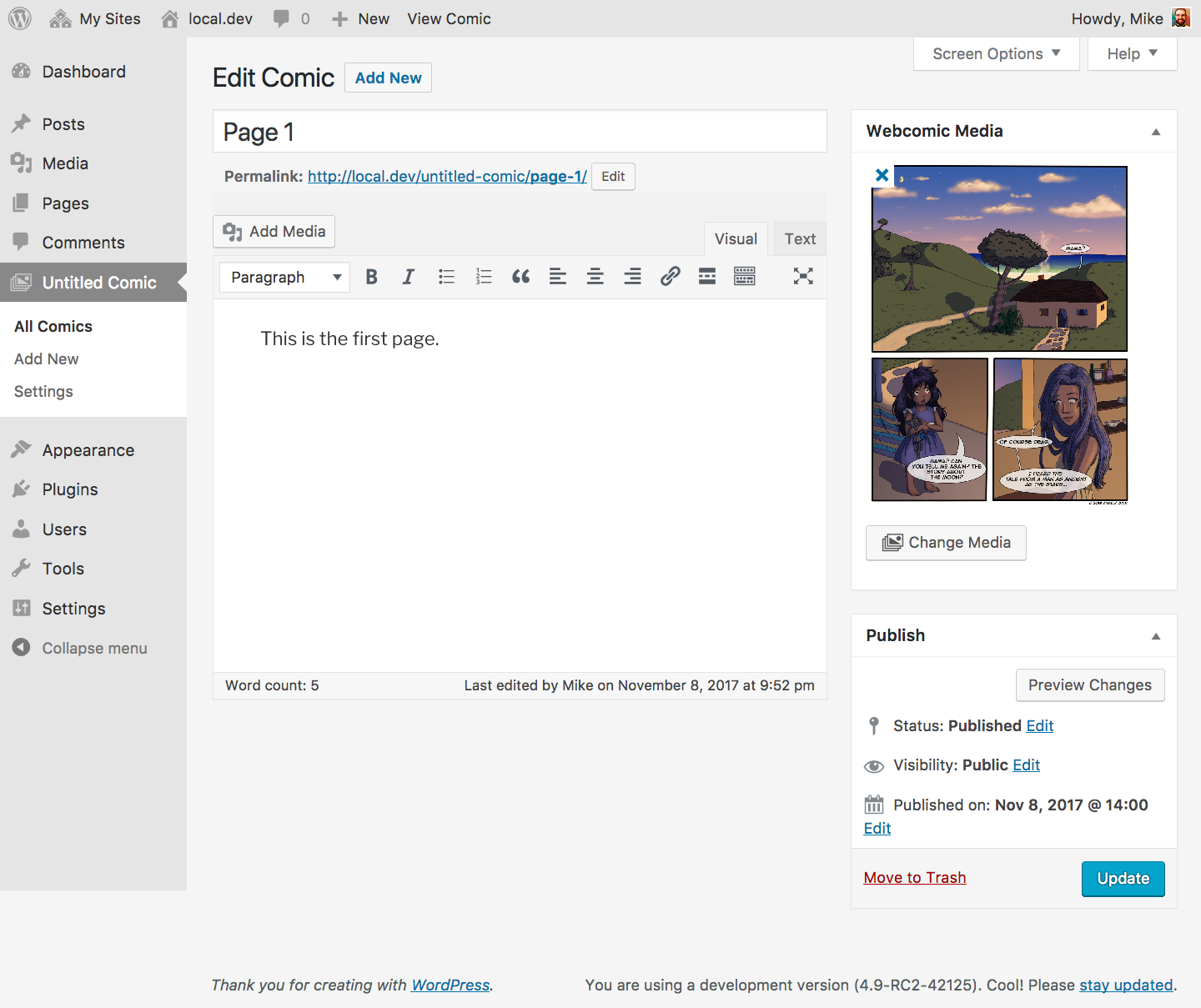 The Edit Comic screen.